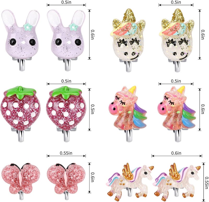 Wingchold Unicorn Clip On Earrings for Little Girls, Bling Butterfly and Strawberry Earrings, Toddler Girls Dress Up Jewelry, 6 Pairs, Best Gift-C - Image 2